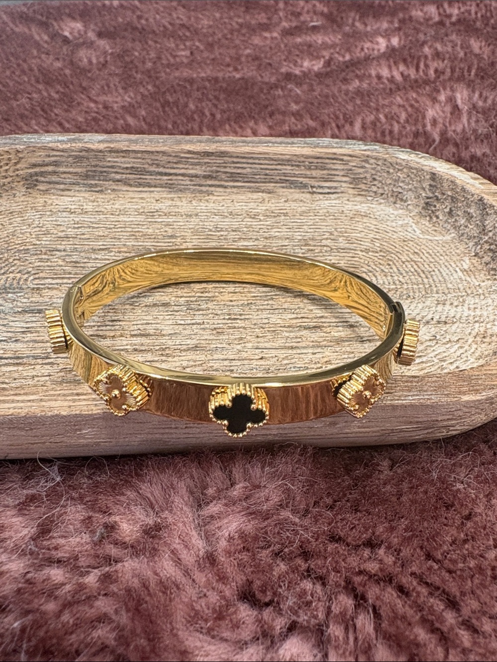 Gold Tone Black Clover Accent Bangle Bracelet - Women's Jewelry